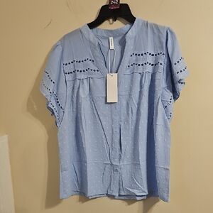 Falechay Blue Swiss Dot Lace Sleeve Blouse. NWT